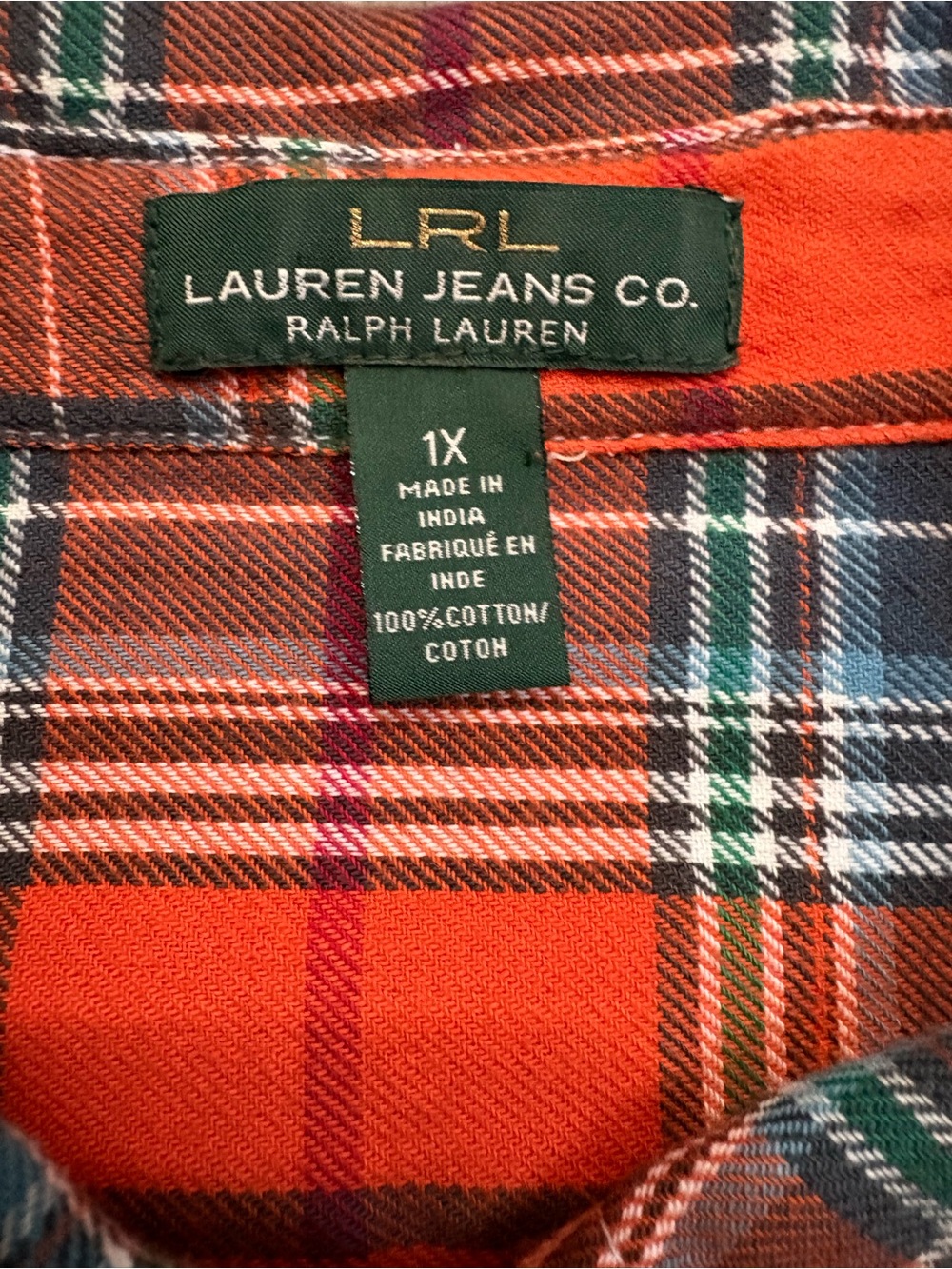 Ralph Lauren Orange and Blue Cotton Fall Plaid Flannel Button Down Shirt - Picture 3 of 5